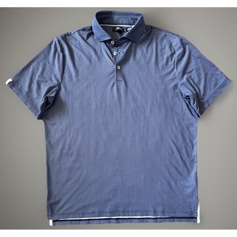 RLX Ralph Lauren Short Sleeve Polo Golf Shirt Blue Geometric Logo Large JBHS